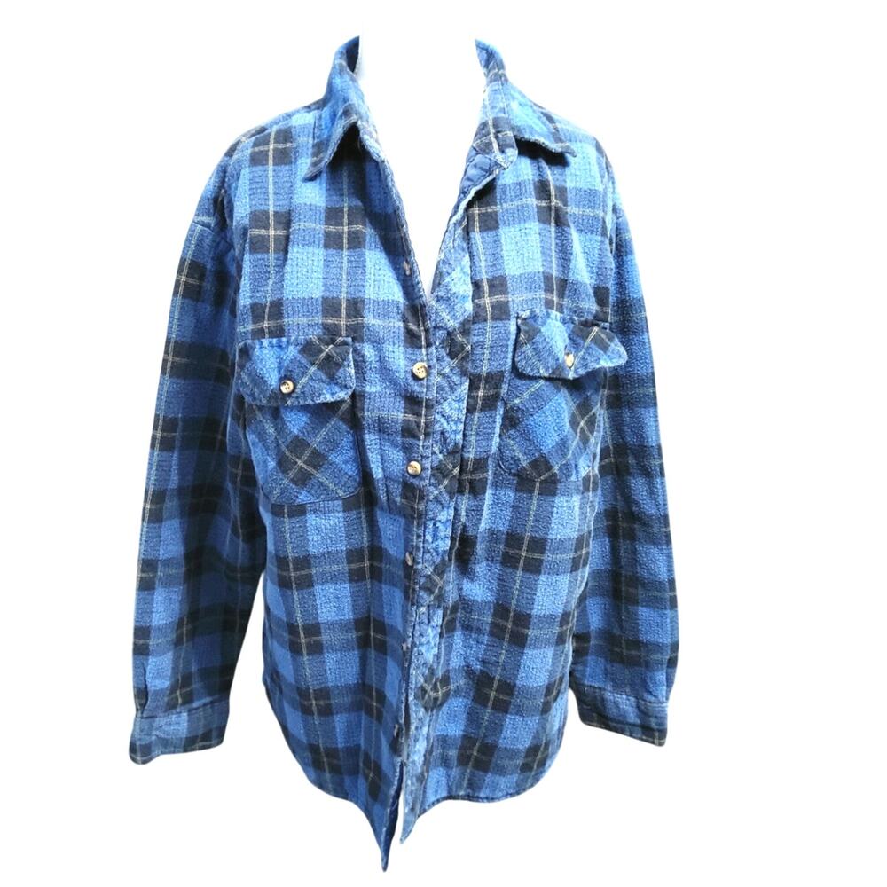 Mens Vtg Shacket plaid blue black quilted lined chore size L warm lumberjack